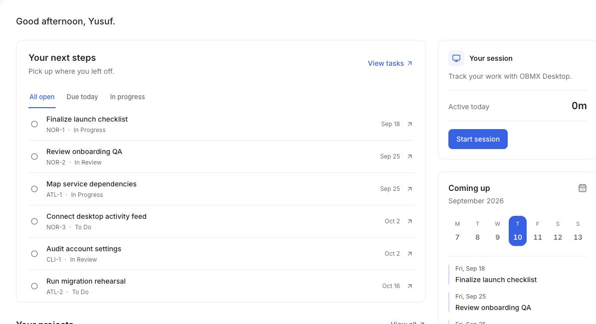 OBMX Desktop showing projects, tasks, and focused work in one workspace
